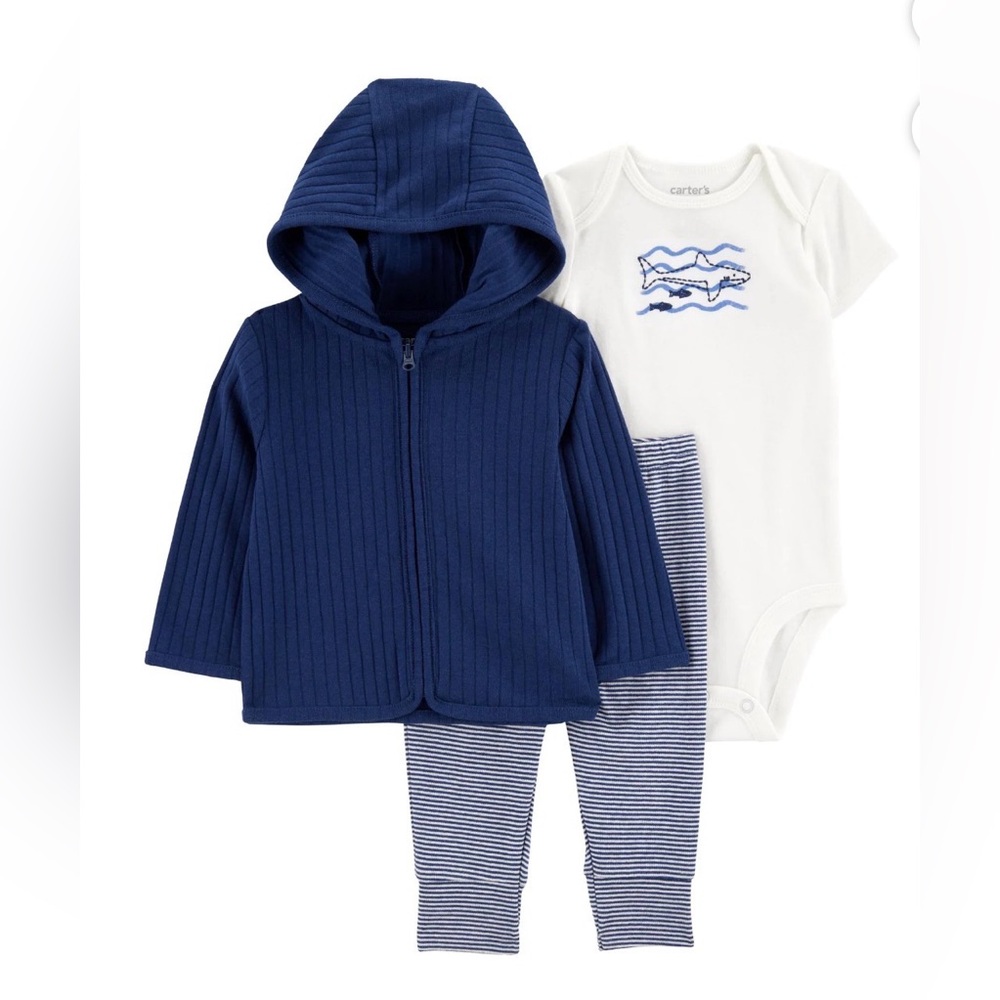 Carter's Child of Mine Blue/White Baby Boy Cardigan 3 Pc Outfit